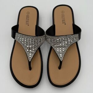 Ashley‎ Blue Black Rhinestone Embellished Thong Sandals Flip Flops Size 8